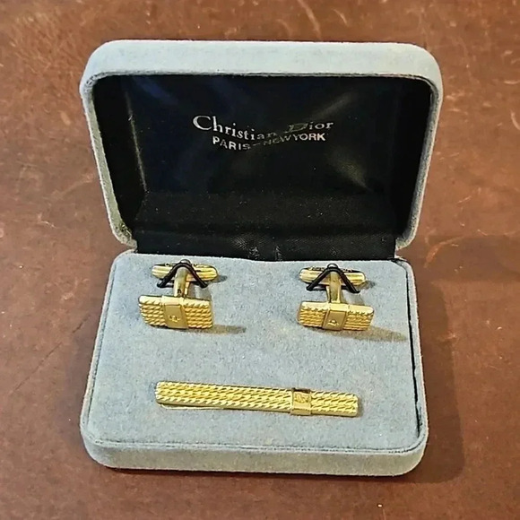 Christian Dior Braided Gold Tone Cufflink and Tie Bar Set in Box Vintage - Picture 1 of 5